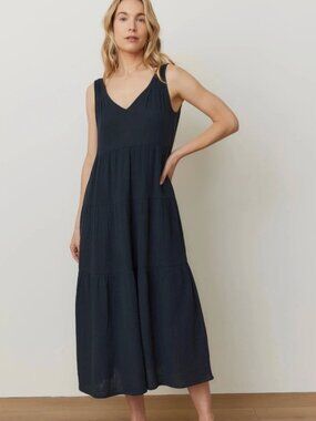 Marine Layer Corinne Double Cloth Maxi Midi Dress Black Large
